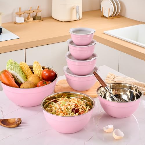 Pink Mixing Bowls with Airtight Lids, Stainless Steel Nesting Mixing Bowls Set of 7, Ideal for Baking, Prepping and Serving Food, Size 7, 3.6, 2.7, 2.1, 1.5, 1.1,0.8 QT, Stackable Design - color: Pink, size: 7 Pieces