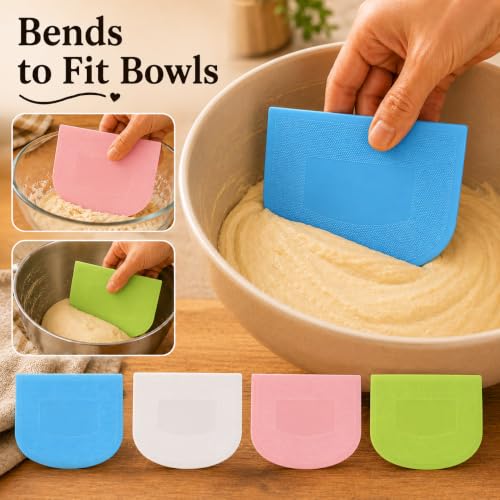 Dough Scraper Set, 4 Pcs Bowl Scrapers, Flexible Dough Cutters for Baking