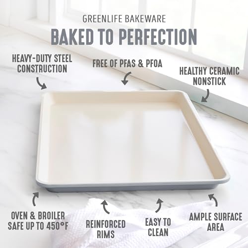 GreenLife Bakeware 18” x 13” Half Cookie Sheet Baking Pan, Non-Toxic PFAS-Free Healthy Ceramic Nonstick, Oven Safe to 450°F, Easy Release, Even Heating, Easy Clean, Gray - color: Gray, size: 18" x 13" Half Baking Sheet