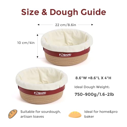 2-Pack Banneton Bread Proofing Baskets – Sourdough Starter Kit for Home Bakers, Cotton Rope Bannetons with Liners, Hanging Hooks & Dough Guide