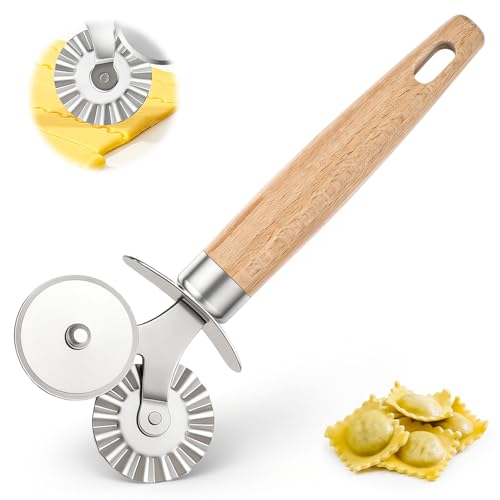 Pastry Cutter Double Wheel,Ravioli Crimper Cutter Wheel,with Exquisite Wooden Handle for Pasta Pizza Ravioli Cookie,Making Tools for Home and Kitchen Use