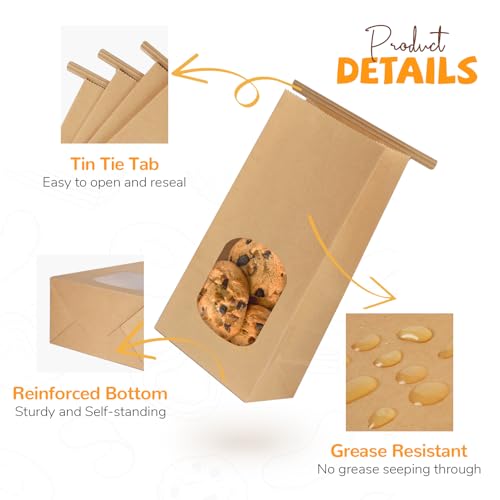 50 Pcs Bakery Bags with Window, Tin Tie Tab Cookie Bags, 3.9x2.3x8 Inches - color: Brown