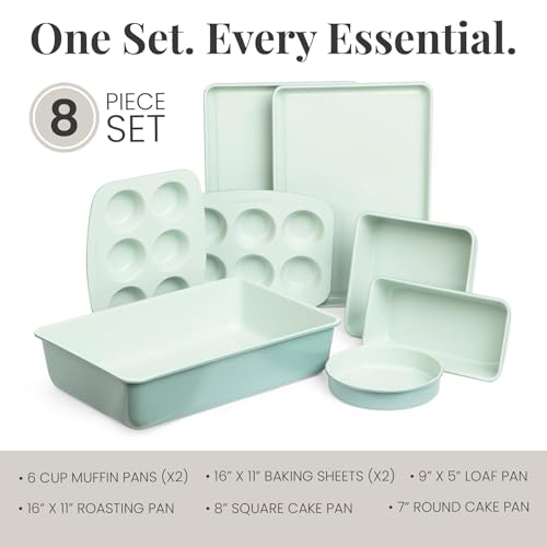 Larder & Vine 8-Piece Stackable Bakeware Set, Ceramic-Coated Nonstick Baking Pan Set, Non-Toxic, with Baking Sheets, Muffin Pan, Loaf Pan & Cake Pans, Sage - color: Sage