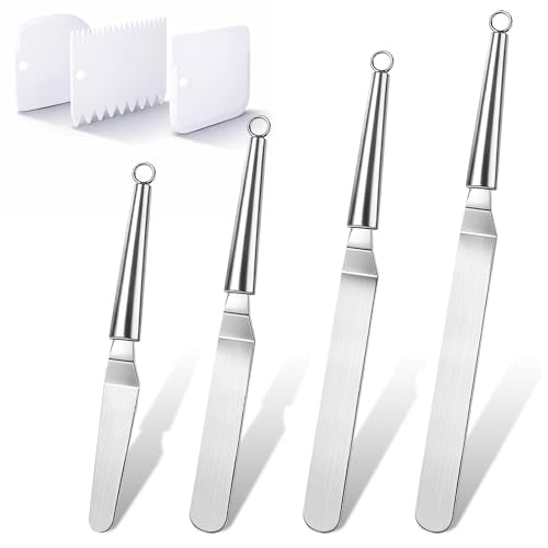 4Pcs Offset Icing Spatula with 3Pcs Cake Smoother Scraper, 4/6/ 8/10 Inch Stainless Steel Cake Icing Spatula, Thickened Angled Frosting Spatula for Cake Stripping Decorating Baking