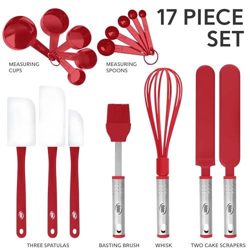 Silicone Spatula Set, 17 Piece Baking Utensils, Nylon and Stainless Steel, Non Stick and Heat Resistant Bakeware set New Baker's Gadget Tools Collection - color: Red