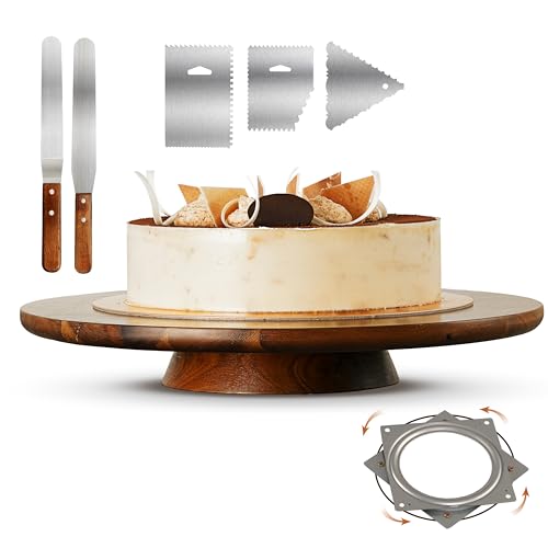 TIDITA 13" Acacia Cake Stand Rotating with 2 Icing Spatulas, 3 Smoothers - color: Acacia Wood