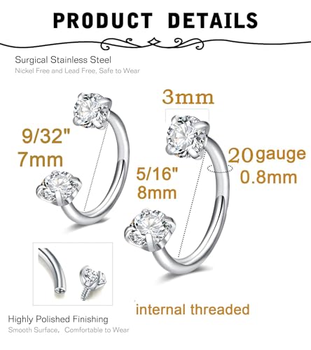 MODRSA 20g 16g 18g Piercing Taper Internal Threaded Piercing Taper Insertion Threader Tool Threadless Jewelry Changing Tool Horseshoe Nose Ring Labret Earring Studs Applicator Piercing Ball Grabber - color: E1- Horseshoe 20g 7mm 8mm - silver