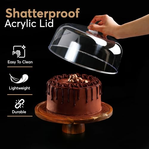 2-in-1 Acacia Wood Cake Stand with Lid, Acrylic Dome, Light Weight, Strudy