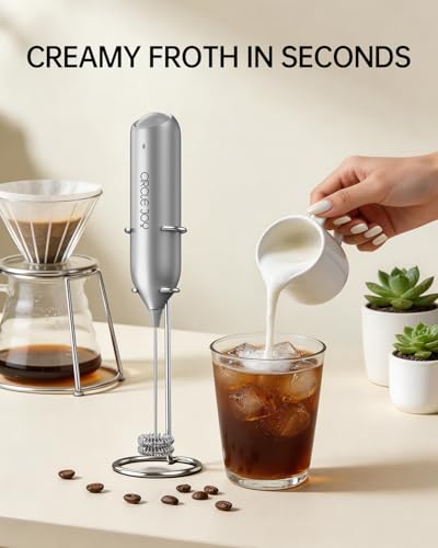 CIRCLE JOY Rechargeable Milk Frother Handheld with Stand, Dual Spring Whisk Electric Foam Maker, Detachable Hand Frother Wand Drink Mixer for Lattes, Cappuccino, Macchiato, Hot Chocolate, Silver - color: Stand Silver