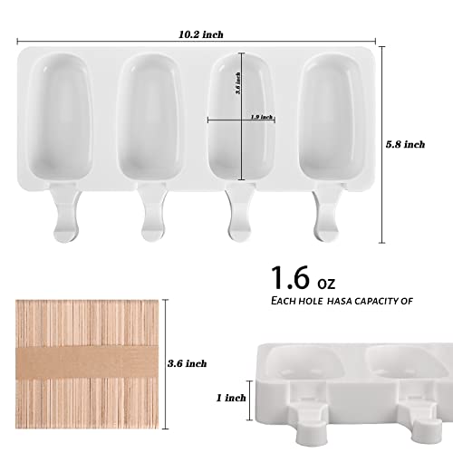 Sakolla 3 Pack 4 Cavity Popsicle Silicone Molds with 100 Pcs Wooden Sticks - size: 3 Pcs Large - White (100 Sticks)