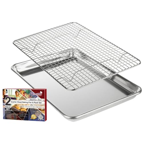 KITCHENATICS Small Baking Pan with Wire Rack Even Heat Cooking Combo - size: 9.6" x 13" (SMALL) Quarter Sheet Pan & Rack Set