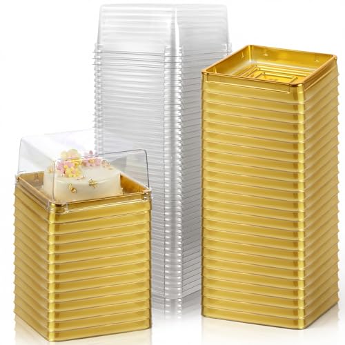 200 Set 3" Mini Cupcake Containers, Clear Plastic Square Containers with Lids Small Cupcake Boxes Muffin Pod Dome Muffin Single Individual Packing Box for Wedding Birthday Party(Gold)