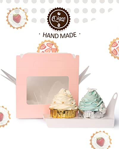 qiqee Pink Cupcake Box Two Holder 6.5x3.6x3.5inch(2.2" Top) 100pcs 2 Cupcake Boxes With Window - color: Pink, size: 100Pcs, Two Holder
