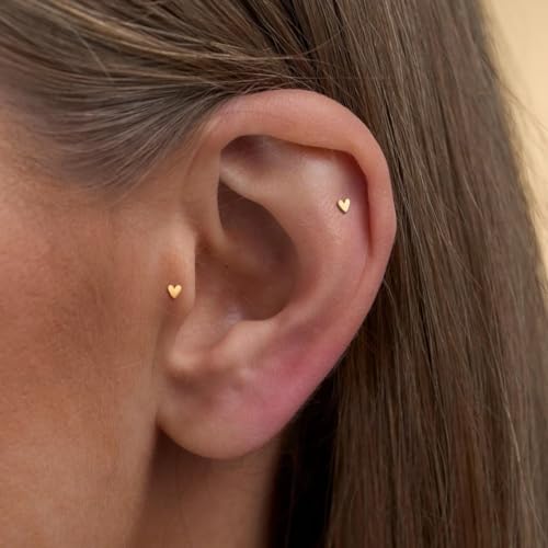 20G/18G/16G Titanium Flat Back Earrings, Threadless Nose Stud Tiny Stud Earrings, Cartilage Tragus Piercing Jewelry Conch Helix Stud - color: Heart (gold 3pcs), size: 16ga(1.2mm)