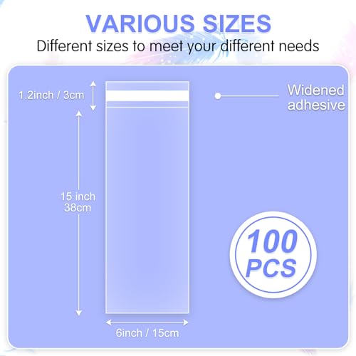 COQOFA Long Self Adhesive Cellophane Bags 6x15 100 Pcs Clear Cookie Candy Treat Resealable Self Sealing Plastic Cello Long Strip Transparent Individual - size: 6 x 15 inches (100 pcs)