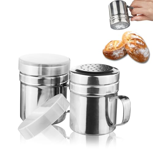 2 Pcs Powdered Sugar Shaker Duster - With Handle - Seasonings Spice Shakers With Holes and Lids - for Salt,Sugar,Spice,Coffee Flour Ect,6 Ounce Stainless Steel Baking Soda Shaker (small)