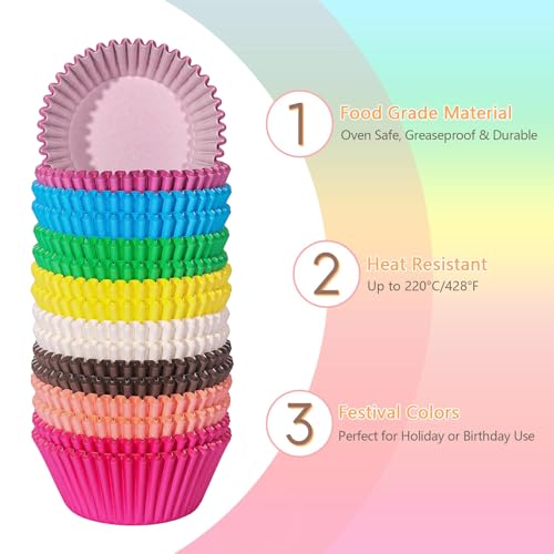 Rainbow Standard Cupcake Liners 400 Count Colorful Paper Baking Cups Disposable Cupcake Wrappers for Holiday and Party Baking Supplies