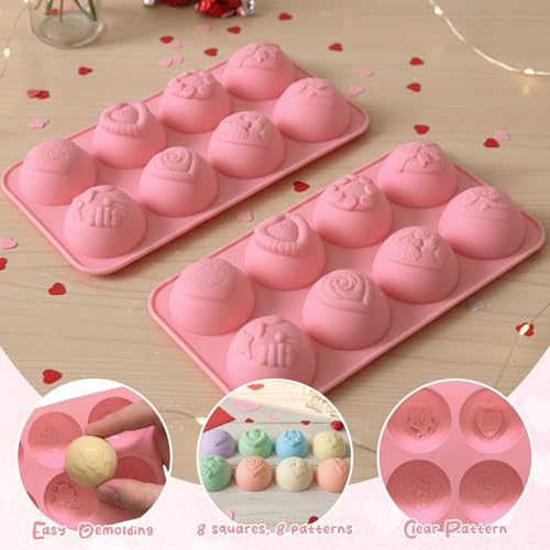 8-Cavities Valentines Silicone Molds with Different Heart Desidgn Semi Sphere Silicone Mold Non-Stick Baking Molds for Candy Pudding Jelly Making Biscuits Cake Decorating 2 Pcs - color: Valentines Styl 44