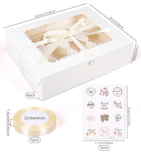 Whaline 6 Sets Mini Cupcake Holder Boxes 12-Count White Bakery Cupcake Container with Window Satin Ribbon Sticker for Wedding Birthday Party Supplies