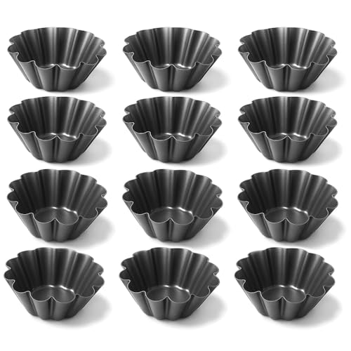 Pudding Moulds Set of 12, Carbon Steel Yorkshire Pudding Tins 3.93 Inch, Mini Tart Tins, Egg Tart Mold, Mini Quiche Tins, Individual Cake Tins for Flans, Tartlets, Desserts & Sunday Roast Baking