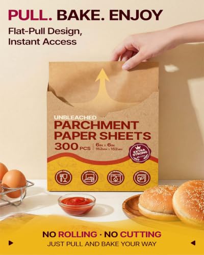 Katbite 300Pcs 6x6 Inches Patty Paper, Burger Patty Paper, Unbleached Parchment Sheets, Heavy Duty & Non-Stick, Squares for Seperating Patty, Cookies, Storing Foods Wrapping Candies - size: 6"x6"