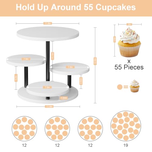 Dessert Stands for 50 Cupcakes 360°Rotating Wood Cupcake Stands Wedding Cake Stand 4 Tiered Cookie Serving Trays for Party Birthday Baby shower Afternoon Tea Dessert Table, White - color: White