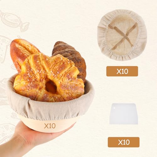 Irenare 10 Pcs Bread Banneton Proofing Basket Round Dough Sourdough Proofing Basket Rattan Bakery Baking Bread Bowl with Liner and Scraper Tool Set for Starter Gifts Professional Home Bakers (7 Inch) - size: 7 Inch