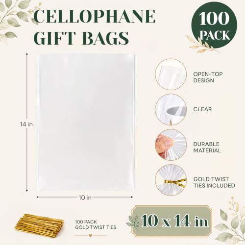 Joyclub Clear Cellophane Gift Bags 100 Pack 10 x 14 in Treat Bags with Ties - color: 10*14IN