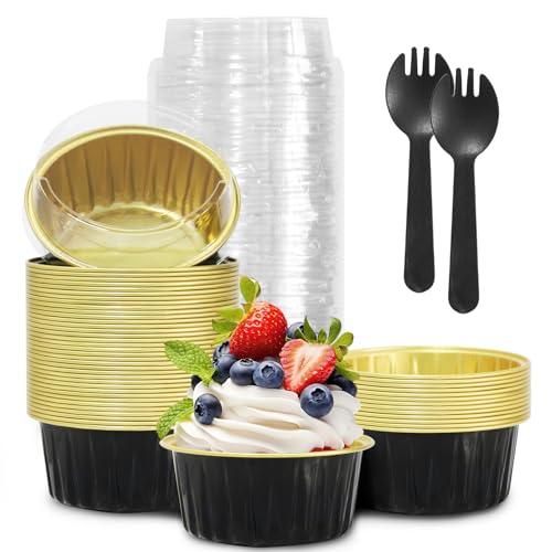 Graduation Party 50Pcs Mini Aluminum Foil Cupcake,5oz Baking Cups with Lids - color: Black