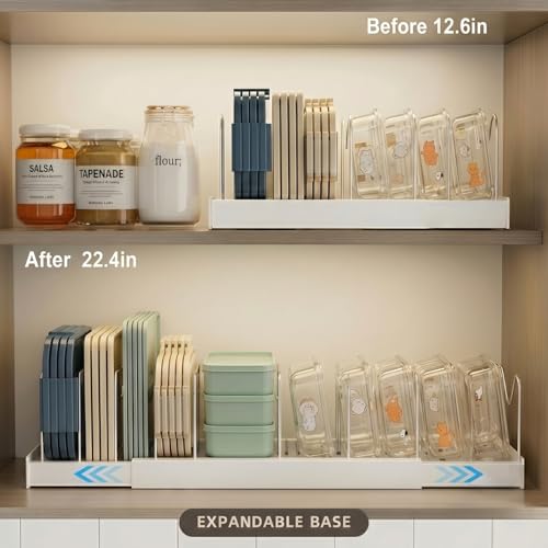 Magheo 2 Pack Expandable Food Storage Container Lid Organizers, 22" Pots and Pans Organizer Under Cabinet with 9 Adjustable Dividers Pot and Pan Lid Holders Rack Inside Cabinet(White) - color: White, size: (2 Pack)22.4"D x 7.9"W x 6.3"H