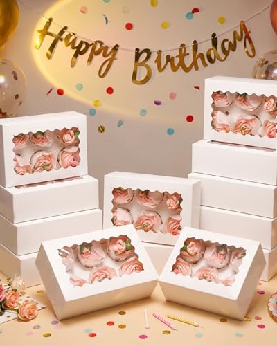qiqee White 6 Cupcake Boxes with Window Auto-pop up 30 Packs Cupcake Box 9.4"x6.1"x3.3" Bakery Boxes For Cupcakes Carrier, Cupcake Containers - color: White, size: 6 Holder/30 Packs