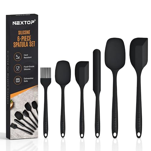 NEXTOP Silicone Spatula Set, 6-Piece Kitchen Utensil Set with Silicone Spatulas and Basting Brush, One-Piece Design for Mixing, Baking, Scraping, Stirring and Cooking, Nonstick Friendly (Black Set)