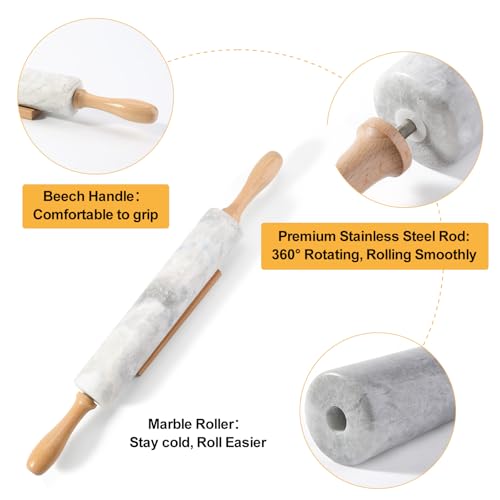 African Natural Marble Rolling Pin, Non-Stick Polished Dough Roller, Pasta, Dumpling, Fondant, Pie Crust, Bread, Pizza Dough, Kitchen Baking Pastry Tools with Mat/Scraper(Grigio Fantasy) - color: White and Grey Marble with Pastry Mat