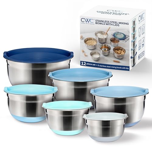 COOK WITH COLOR Stainless Steel Mixing Bowls Set with Lids - Nesting Bowls with Non-Slip Bottom, Blue, 12 Pieces - color: Blue, size: 12 Pieces