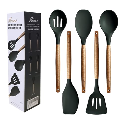 Non-Stick Silicone Cooking Utensils Set with Natural Acacia Hard Wood Handle, 5 Piece, High Heat Resistant (Green) - color: Green