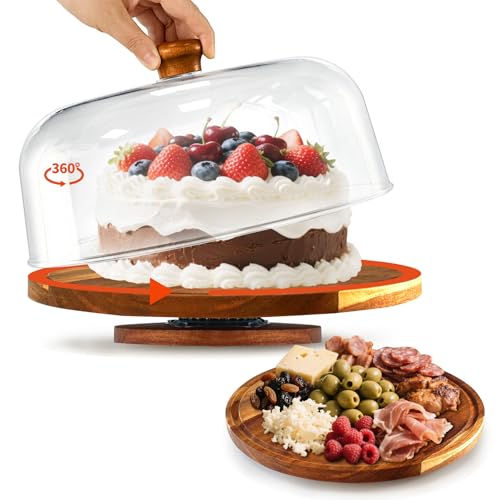 Rotating-Wood-Cake-Stand With Acrylic Dome Lid, Round Wooden Cake Holder Plate With Cover, 2-in-1 Dessert Table Display Set For Party, Charcuterie Board For Cheese, Chips & Dips, Nachos, Fruit Platter - size: 11.6''W*7.6''H-Rotating