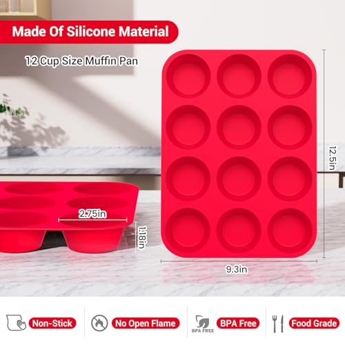 Redfly 4 Pack Silicone Muffin Pans for Baking & Cupcake Pan - 12 Cup Regular Size Silicone Molds, BPA Free Egg Bites Mold - color: Red, size: 4pcs: 12-Cup Regular