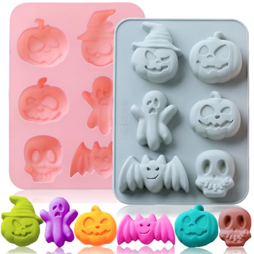 2 Pack Halloween Silicone Cake Mold Pumpkin Bat Skull Ghost Shape Silicone Mold for Chocolate Candy Gummy Jello Ice Cube Crayon Melt Biscuits Soap Silicone Baking Mold Making Kit