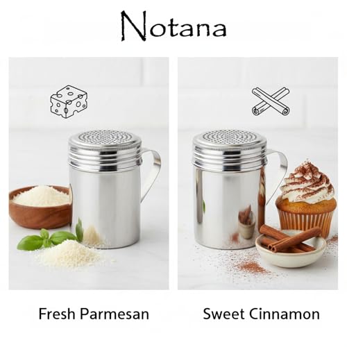 Stainless Steel 10 Ounce Dredge Shakers with Handle for Powder Sugar, Flour Duster for Baking, Seasoning Shaker, Salt and Pepper Shakers, Cinnamon Sugar Dispenser for Kitchen (2-PACK)