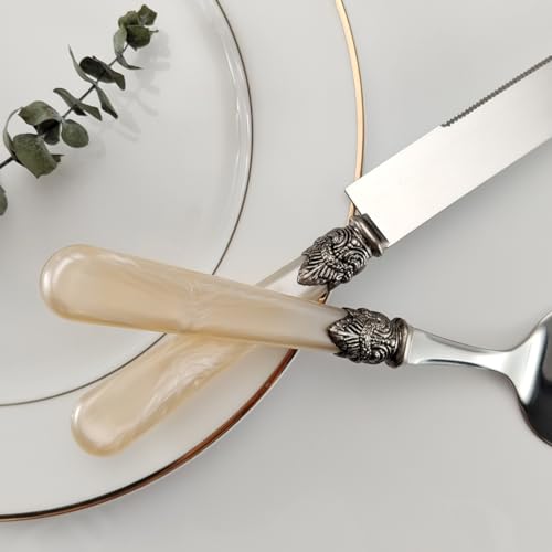 Wedding Cake Knife and Serve Set, Fancy Hand Craft Italian Style Design, Pearl Pie Knife Server Set, Vintage Silverware,Cake Cutter Set, Cake Knife Gift Set, 2 pcs (champagne) - color: Champagne