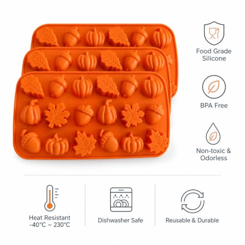 3Pack Thanksgiving Silicone Molds 3D Pumpkin Silicone Mold Fall Silicone Molds Autumn Maple Leaf Pumpkin Acornshape Thanksgiving Fall Theme Silicone Molds for Cupcake Topper Gummy Ice Cube Resin Soap