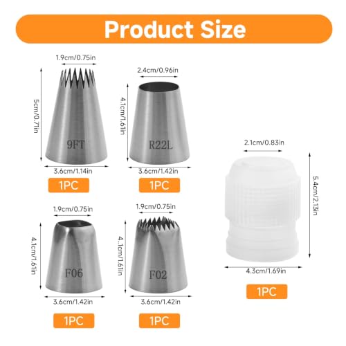 5 Pcs Large Piping Tips Set with Coupler - color: F02/F06/9FT/R22L