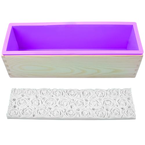 Loaf Soap Making Kit, 44oz Silicone Soap Making Liner Wood Box with Beehive & Hexagon & Rose Mat Creative Honeycomb Mat Mold for DIY Soap Making (Purple & Pink) (Purple Mold-Rose) - color: Purple Mold-Rose