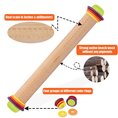 Rolling Pin with Thickness Rings,13.6''Dough Roller & Mat Fits Baking Dough - color: Wood