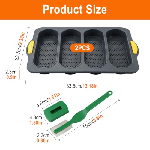 2 Pack Food Grade Silicone Baguette Bread Pan, 4‑Cavity Non‑Stick Easy Release French Bread Mold for Homemade Baguettes, Sourdough, Hoagie, Hot Dog Buns, Sandwich, Includes Bread Lame