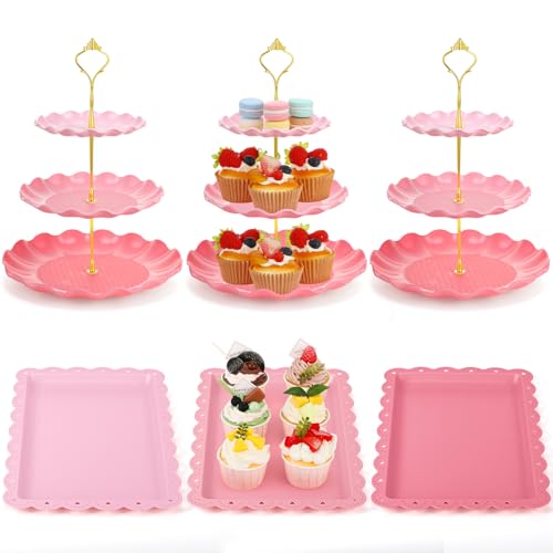 FoldTier 6 Pack Cupcake Stand Set 3 Pcs 3 Tier Gradient Dessert Table Display Stands Cookie Tray Rack 3 X14 in Rectangle Party Trays for Wedding Birthday Tea Party Baby Shower (Pink,Round) - color: Pink, style: Round
