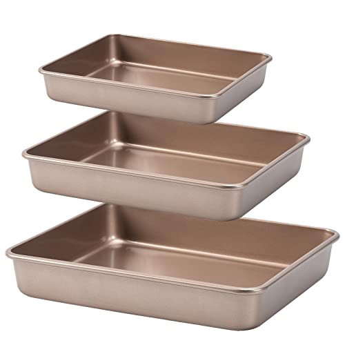 Nonstick Roasting Pan, Deep Baking Pan Set, Large Cake Pan Sets for Oven, 3-Piece Brownie Pan （Gold） - color: Gold