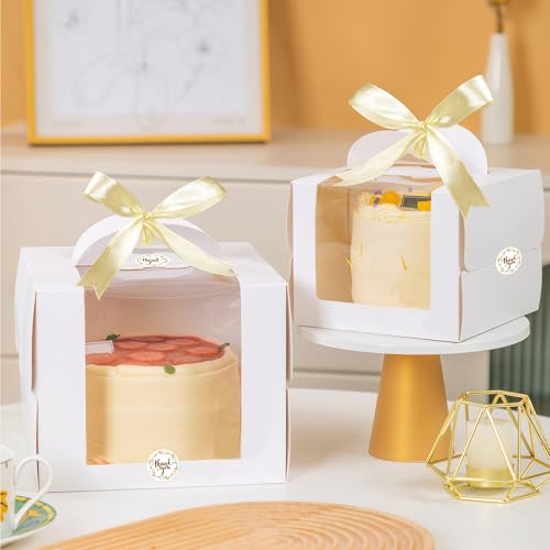 MUMULULU 15 PCS 6 x 6 x 6 Inches Cake Boxes with Carry Handles and Cake Boards White Bakery Boxes with Silk Ribbon and Stickers for Cakes Pastries Birthday Party Wedding - color: White 6×6×6
