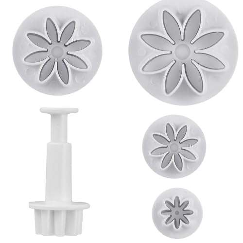4Pcs Daisy Fondant Cutter, Flower Cookie Cutters, Chrysanthemum Plunger Cutters, Flower Molds for Fondant, Decoration Embossing Tool