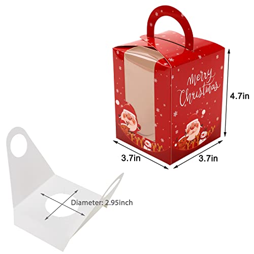 Christmas Cupcake Boxes,12 Pcs Single Cupcake Carrier with Window Insert and Handle, Cupcake Carriers for Bakery Wrapping Sweets Christmas Festival Party Favor Packaging